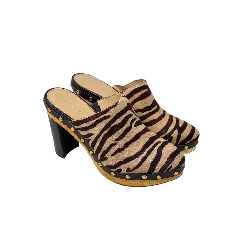 Veronica Beard Grita Clogs Tiger Print Calf Hair Heeled Mules Size 8.5